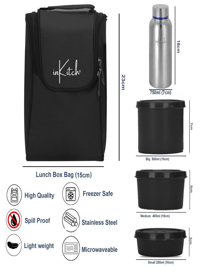 inKitch Microwave Safe Lunch Box Set with Bag | 3 Stainless Steel Inner Containers & 1 Steel Bottle | Leakproof Tiffin Box for Office, School, College | Durable, Easy to Carry, Black - Image 5